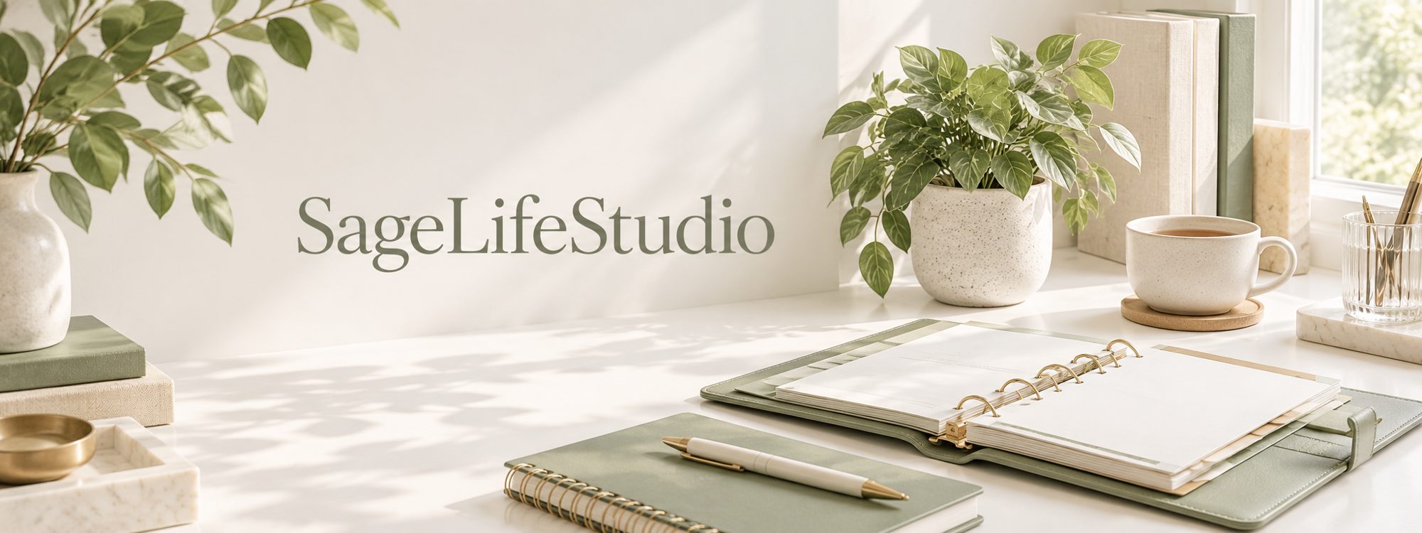 SageLifeStudio: a calm desk with a planner, notebook and plants